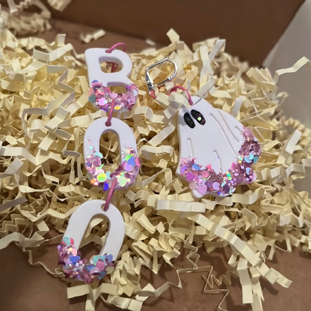 White & Pink 'Boo' Ghost Dangle Earrings - Glitter Halloween Jewelry